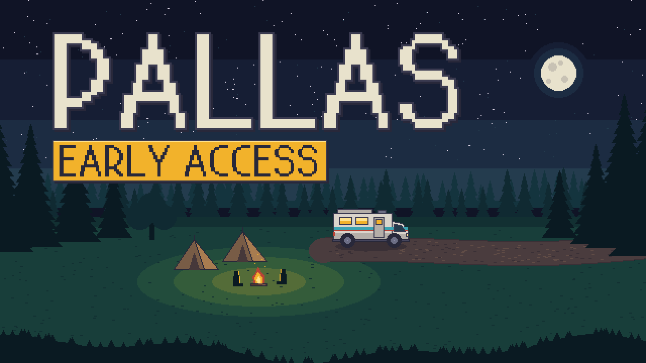 Pallas, early access. A camp at night in a pine forest: two tents and a campfire, a camper van parked on a dirt road, and a full moon.