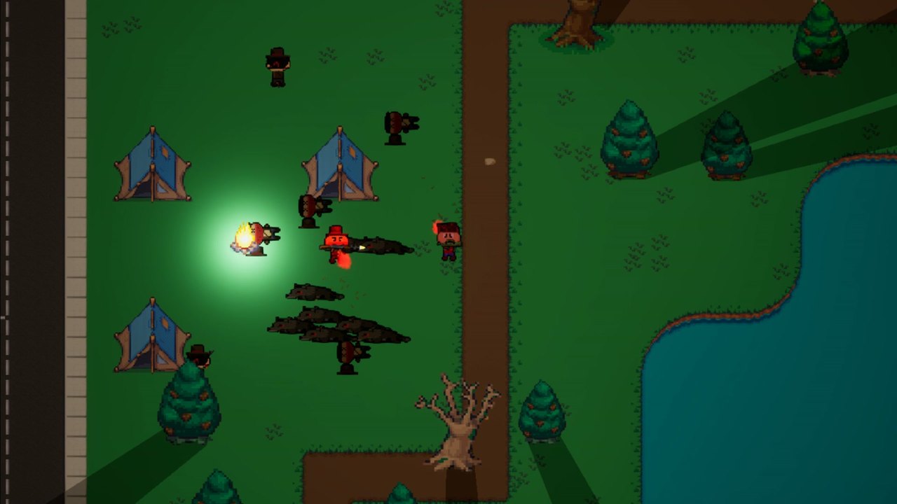 A firefight at a bandit camp beside a lake