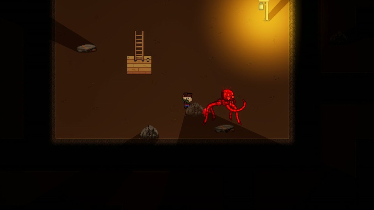 A long-legged creature in a lamp-lit mine room
